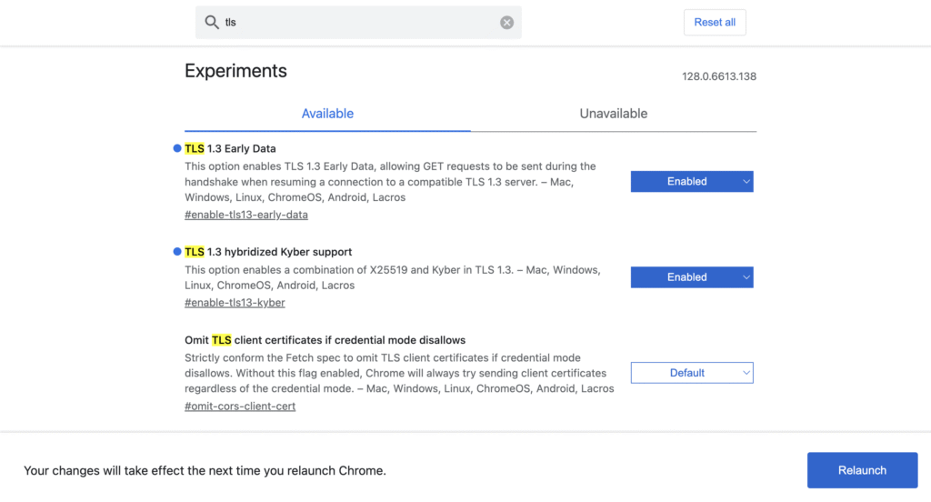 Configuração experimental de TLS no Google Chrome.