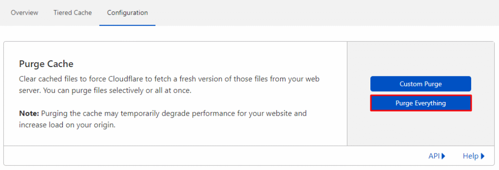 Opção para limpar todo o cache no painel do Cloudflare.