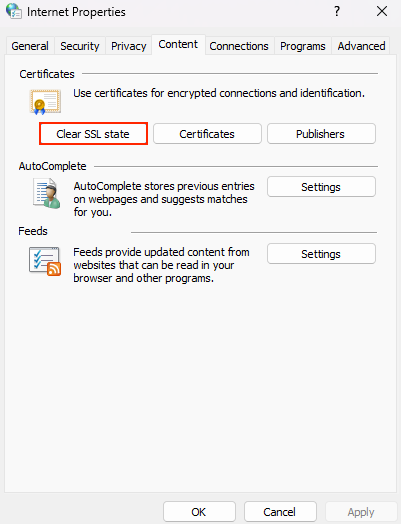 Configuração de 'Limpar o estado SSL' nas propriedades de internet do Windows.
