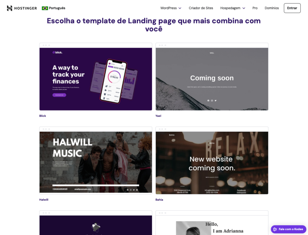 templates de landing page para o criador de sites da hostinger