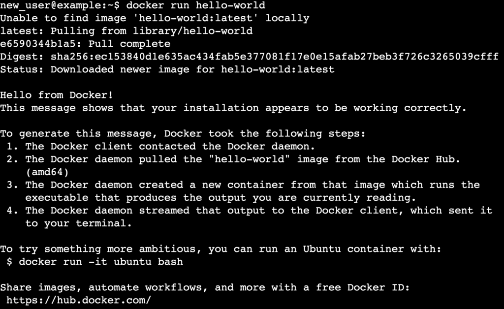 Execução do comando docker run hello-world no terminal Ubuntu.