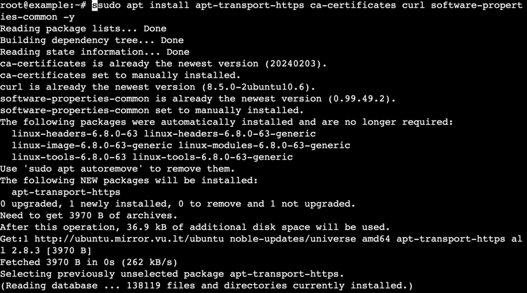 Terminal do Ubuntu mostrando a instalação de pacotes necessários antes de instalar o Docker.