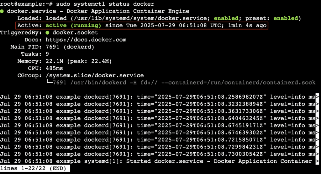 Status do serviço Docker no Ubuntu mostrando que está ativo e em execução.