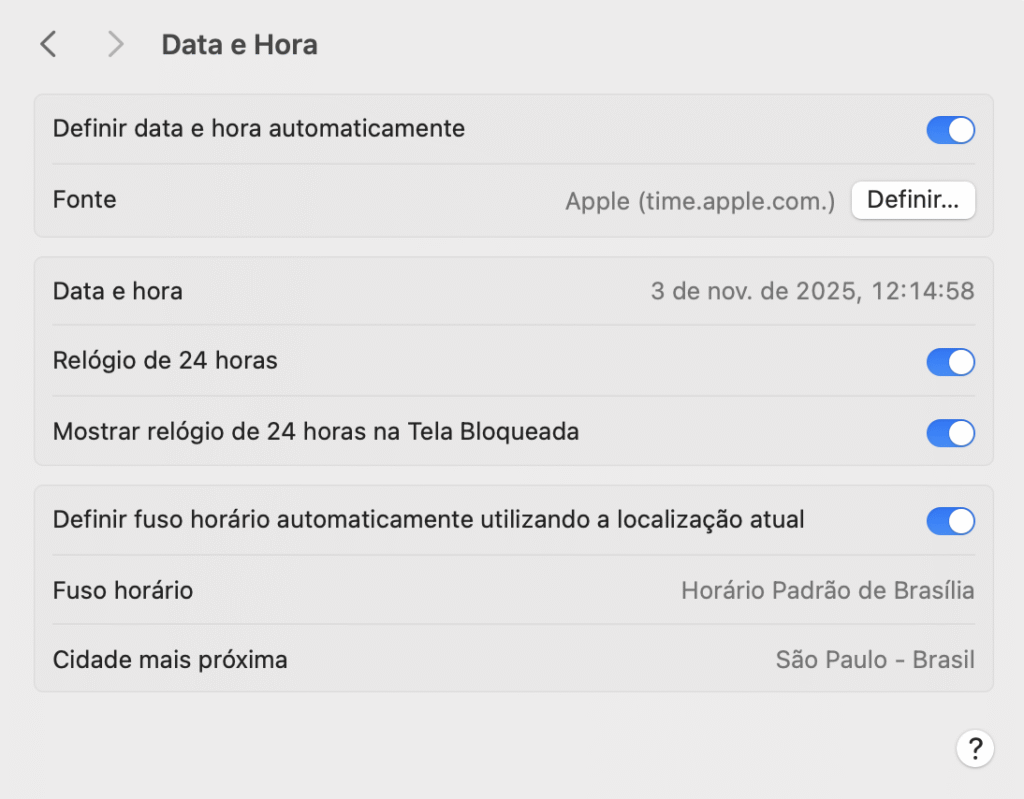 ajustando data e hora no macos