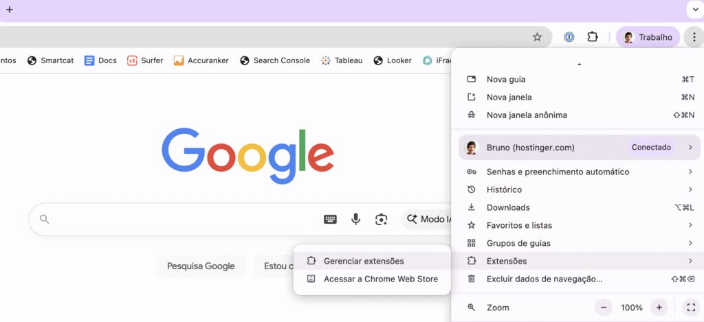 botão "gerenciar extensões" no chrome
