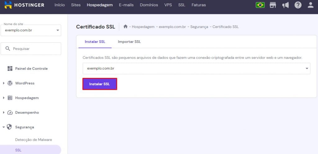botão instalar ssl no hpanel
