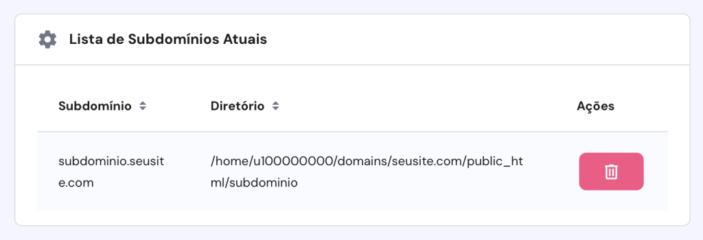 lista de subdomínios no hpanel