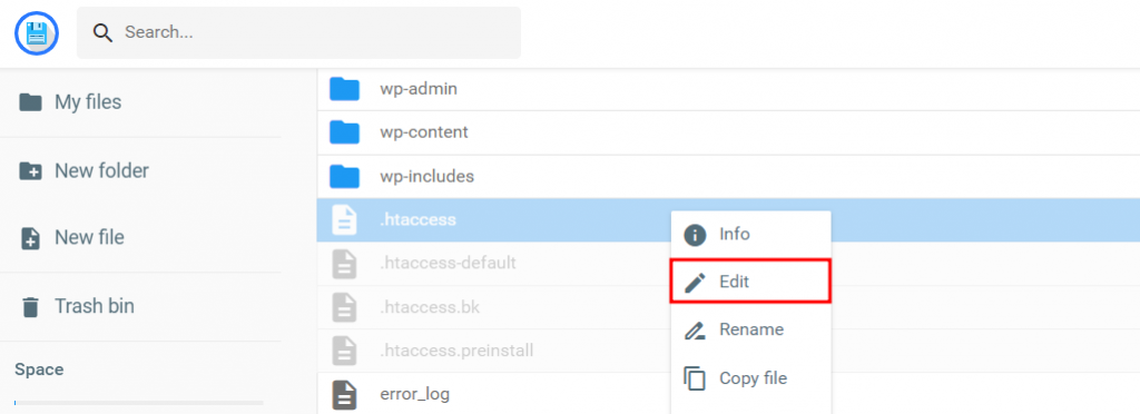 O botão Editar do arquivo .htaccess no gerenciador de arquivos da Hostinger