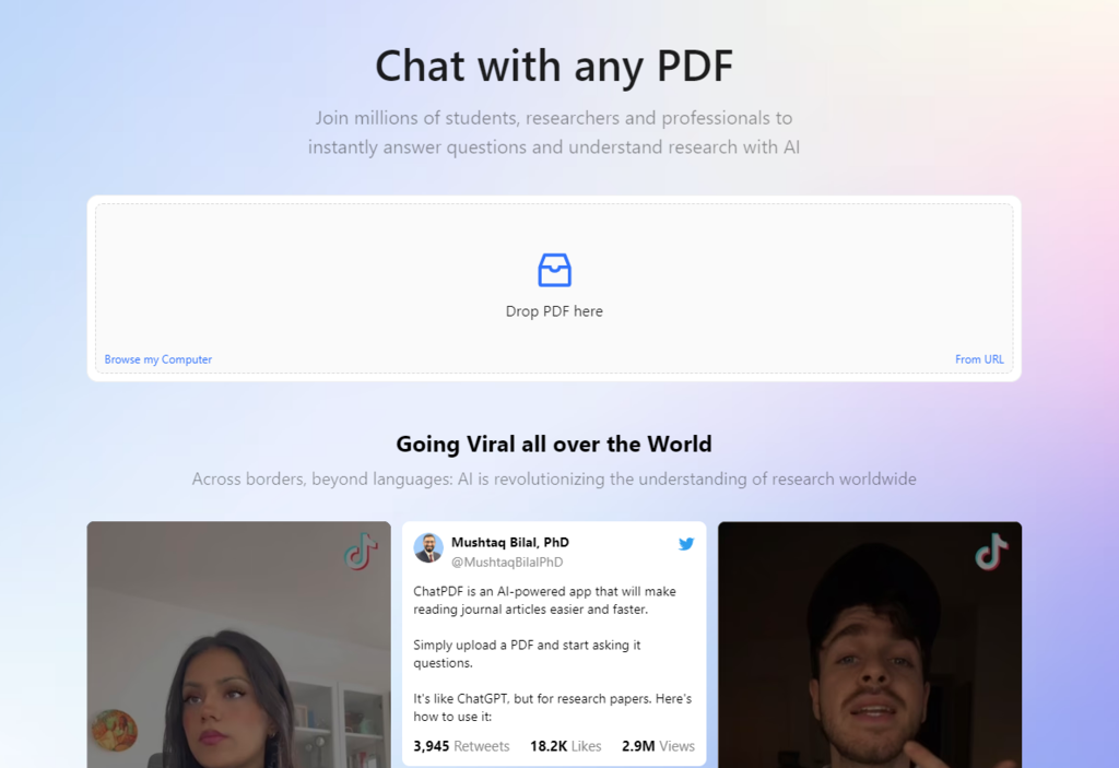 ChatPDF permitindo conversar com um PDF