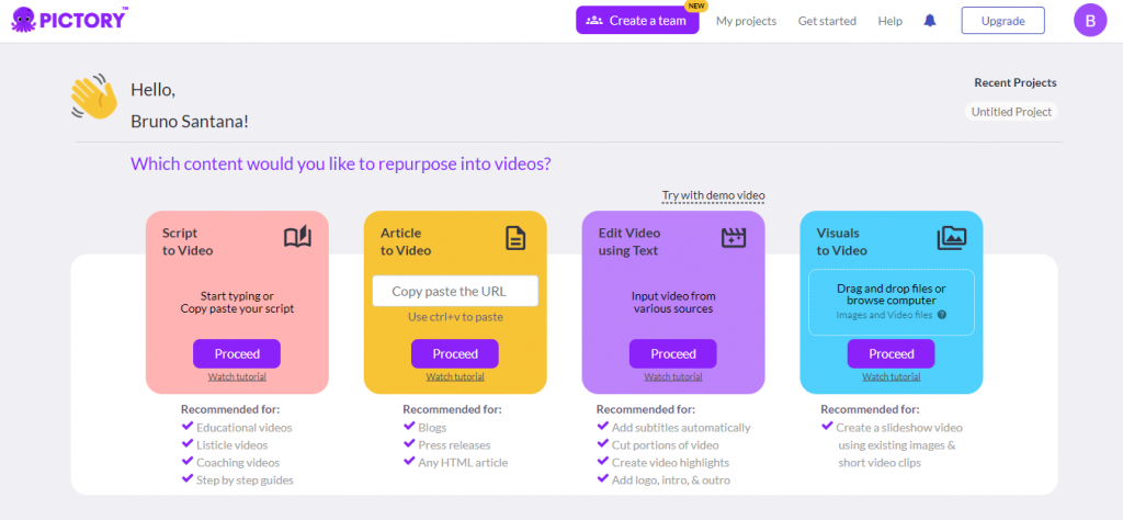 Pictory convertendo texto em vídeo