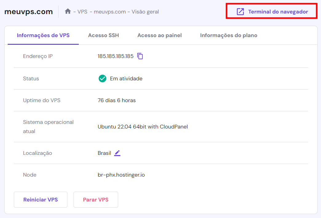 terminal do navegador em planos vps no hpanel
