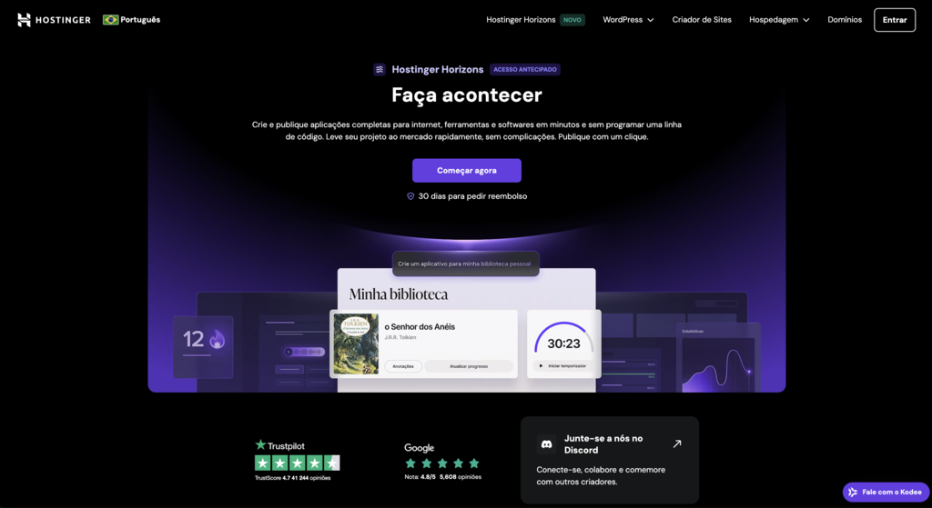 Hostinger Horizons gerando apps com IA