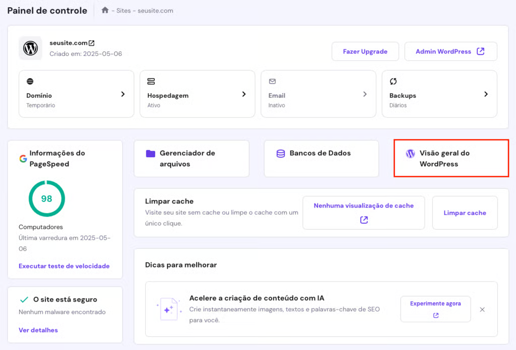visao geral do wordpress no painel da hostinger