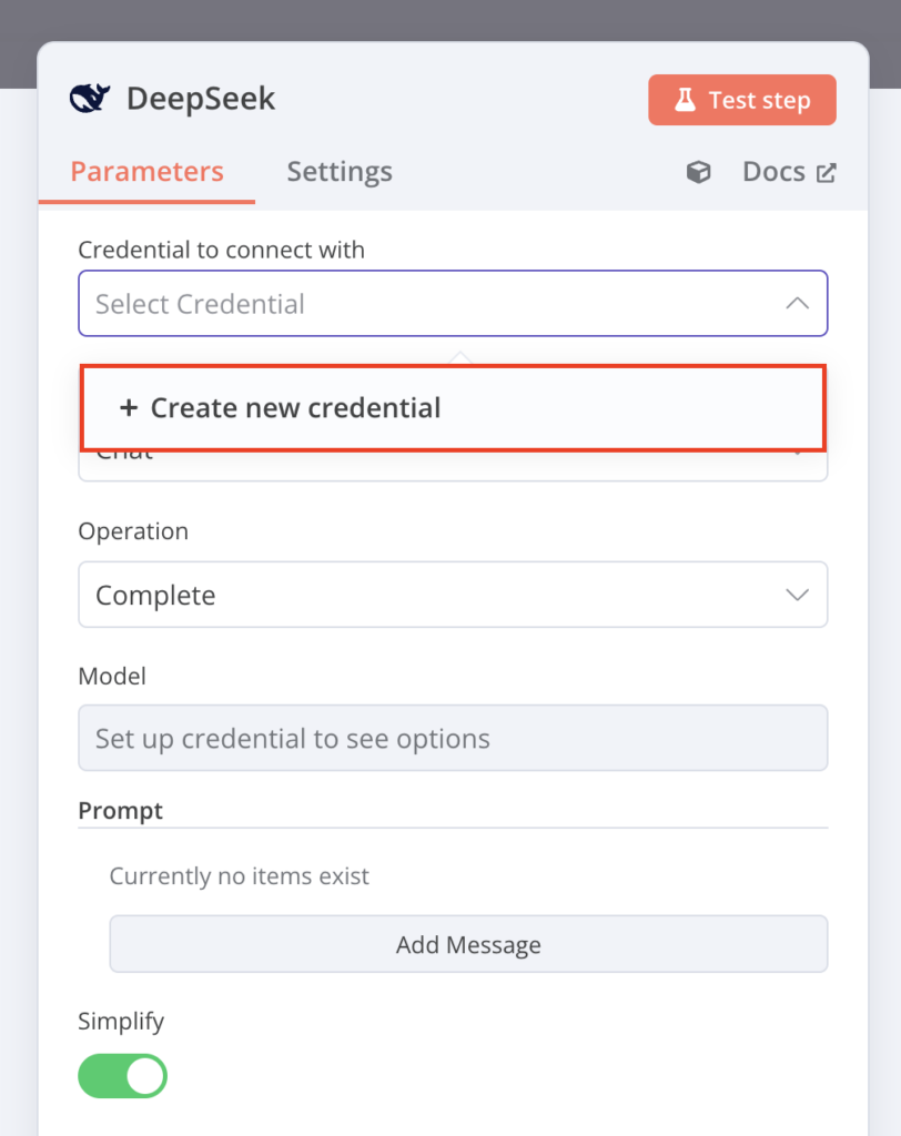 opção criar nova credencial nos parâmetros no n8n para deepseek