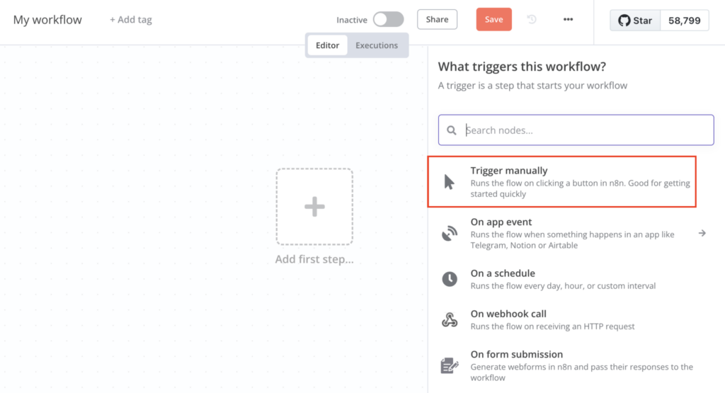 editor do n8n com opção trigger manually destacada
