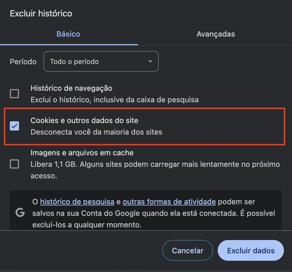 Caixa de seleção de cookies para excluir dados do Google Chrome