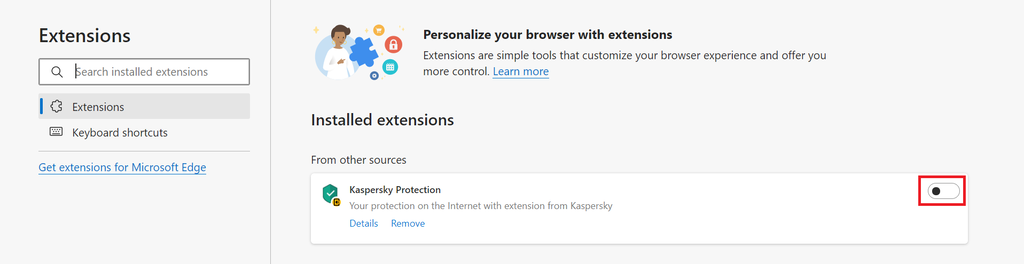 desabilitando extensões no microsoft edge