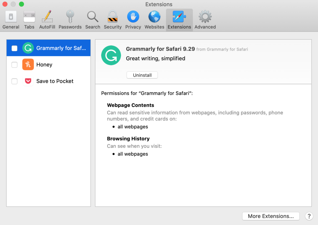 desabilitando extensões no safari