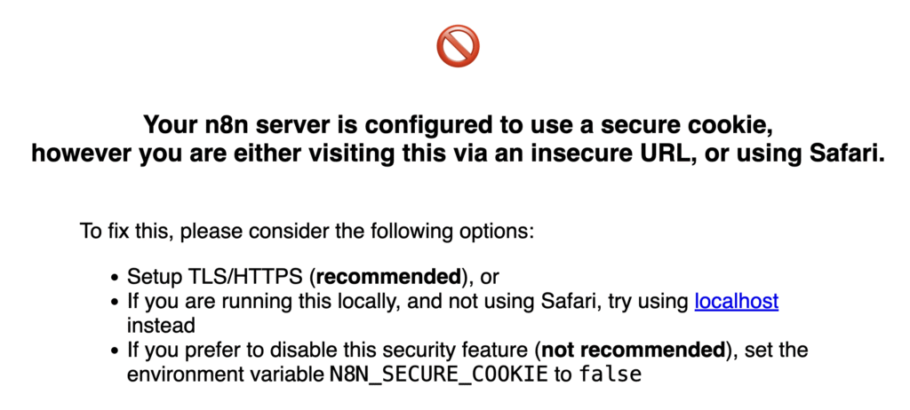 Aviso de erro de cookie seguro ao acessar o n8n sem configuração SSL.