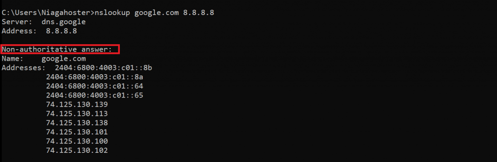 Resposta não autoritativa exibida pelo comando nslookup no terminal.
