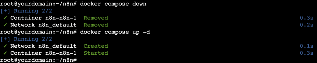 Comando no terminal para parar e reiniciar o contêiner do n8n com o Docker Compose.