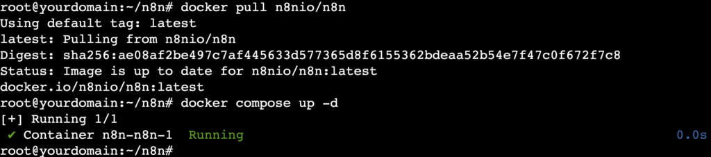 Comando no terminal para baixar a última imagem do n8n no Docker e iniciar o contêiner.
