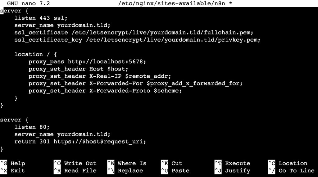 Comando no terminal abrindo o arquivo de configuração n8n no editor de texto nano.