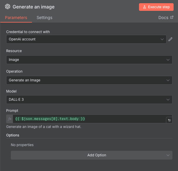 Janela de configuração do gerador de imagens da OpenAI