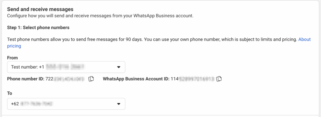 Seção "Enviar e receber mensagens" na página de configuração do aplicativo WhatsApp no Meta