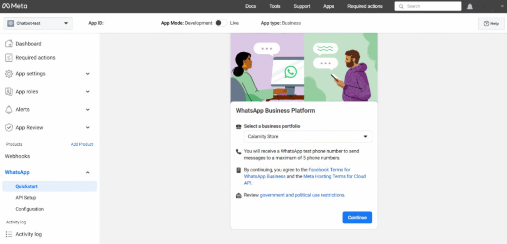 Tela inicial rápida de integração do WhatsApp no portal de desenvolvedores da Meta
