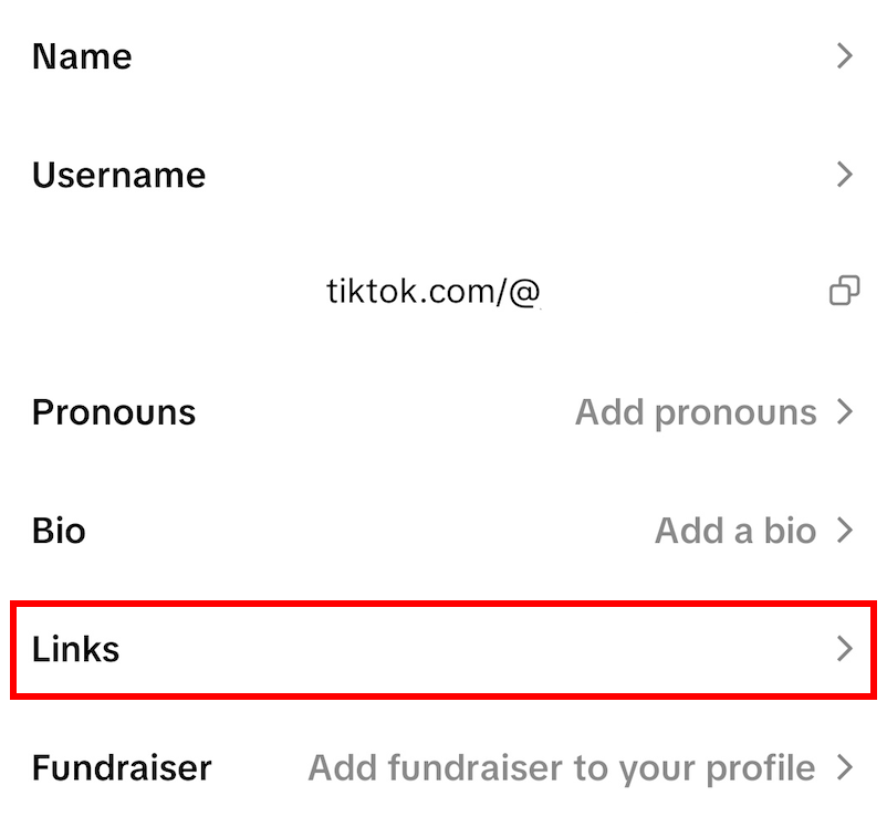 Configurações do TikTok mostrando a seção Links