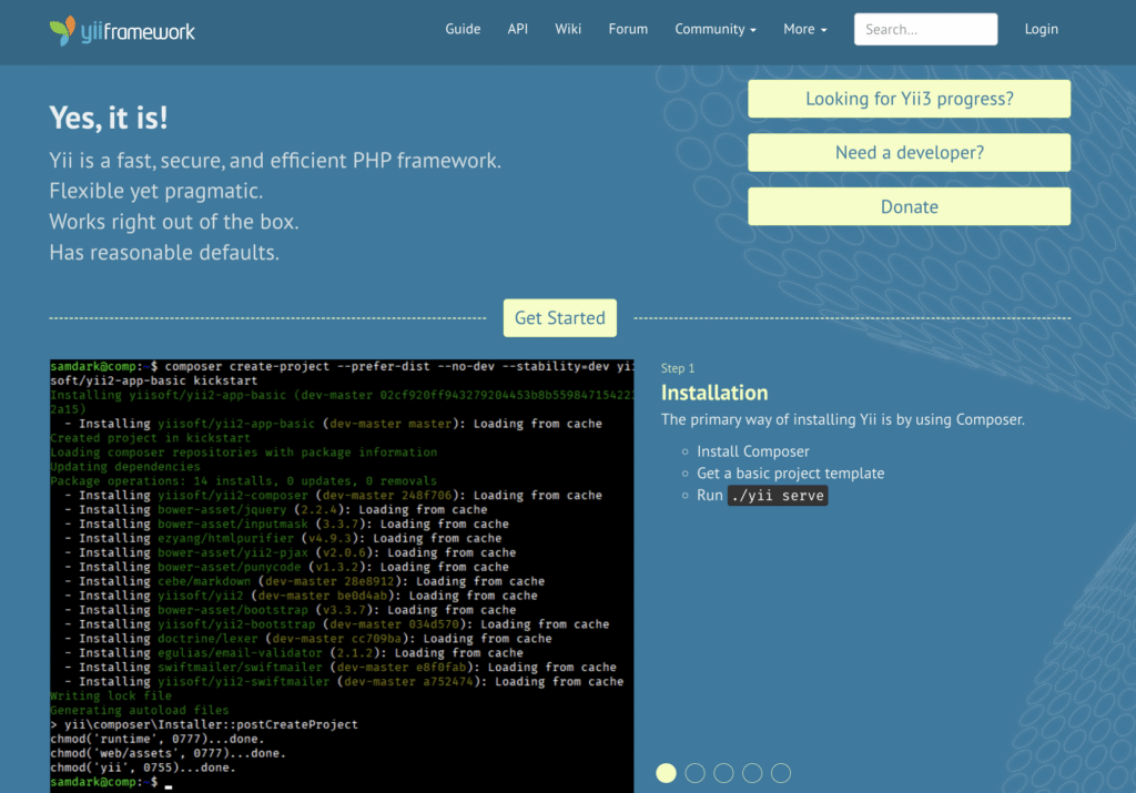 P&aacute;gina inicial oficial do Yii