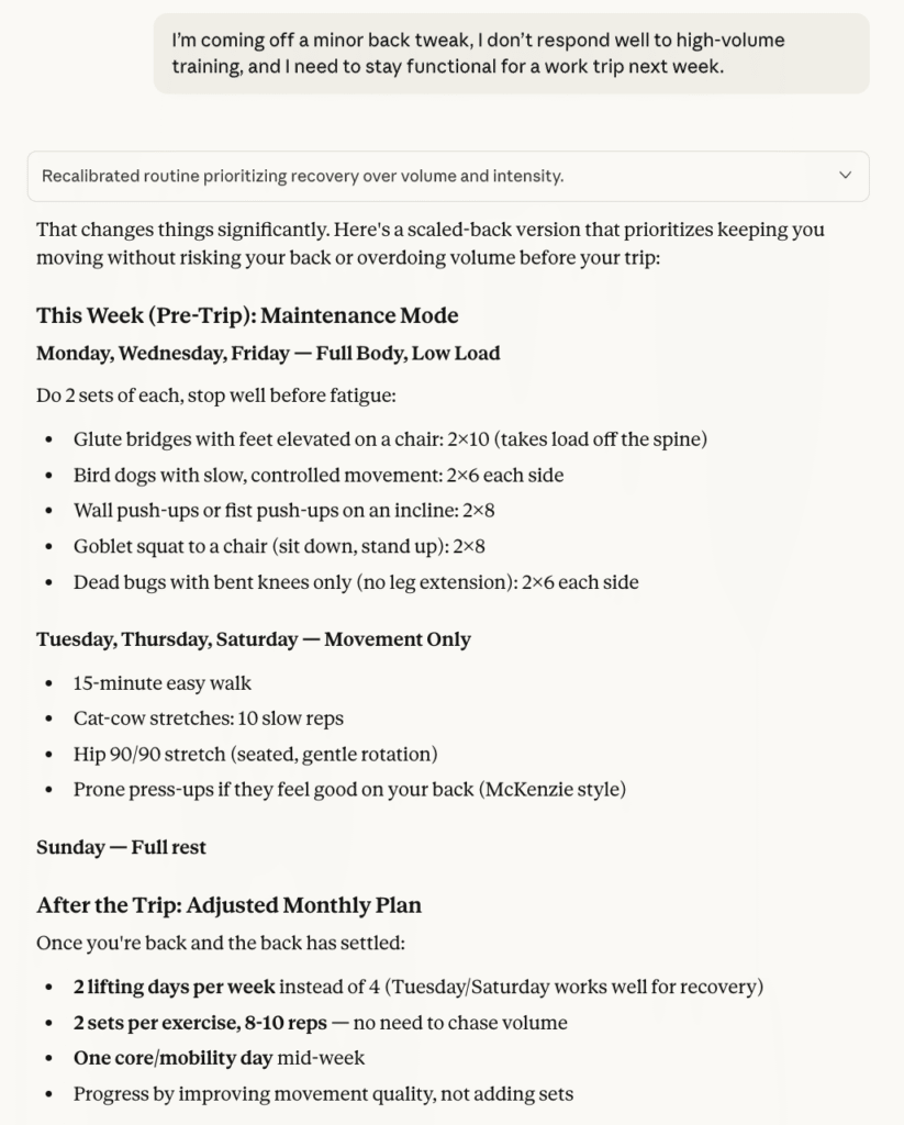 Claude AI gera uma rotina de exerc&iacute;cios de 30 minutos adaptada para uma les&atilde;o no polegar.