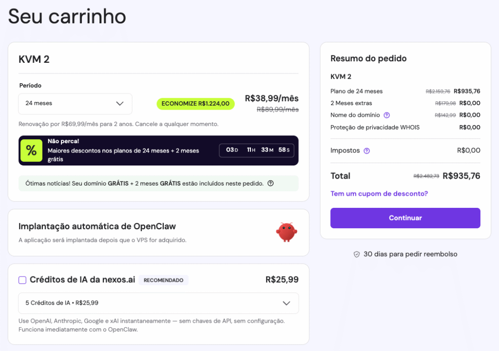 Janela de compra do OpenClaw na Hostinger com o complemento de cr&eacute;ditos Nexos AI selecionado