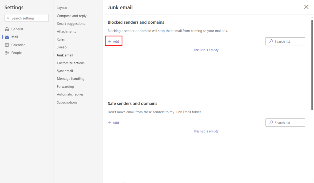 Configura&ccedil;&otilde;es de e-mail no Outlook, com destaque para a op&ccedil;&atilde;o de adicionar um remetente ou dom&iacute;nio &agrave; lista de bloqueio.