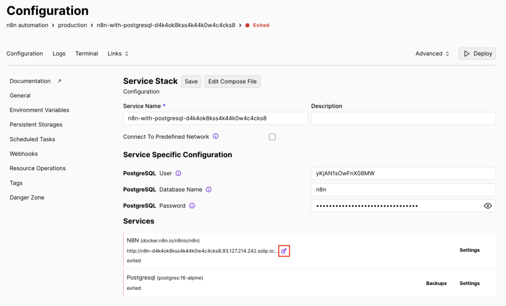 O bot&atilde;o Editar na p&aacute;gina de Configura&ccedil;&atilde;o do Coolify
