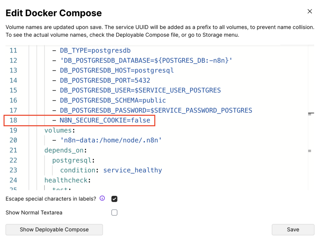 A linha - N8N_SECURE_COOKIE=false no arquivo Docker Compose

