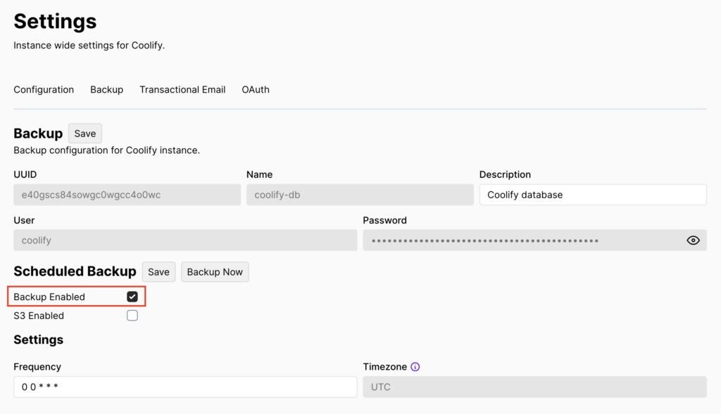 A op&ccedil;&atilde;o Backup ativado na p&aacute;gina de configura&ccedil;&otilde;es do Coolify.