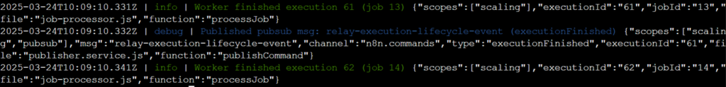 Imagem do terminal onde o comando `docker logs` foi executado, mostrando o worker enviando logs com sucesso para o console referentes &agrave; execu&ccedil;&atilde;o do fluxo de trabalho.