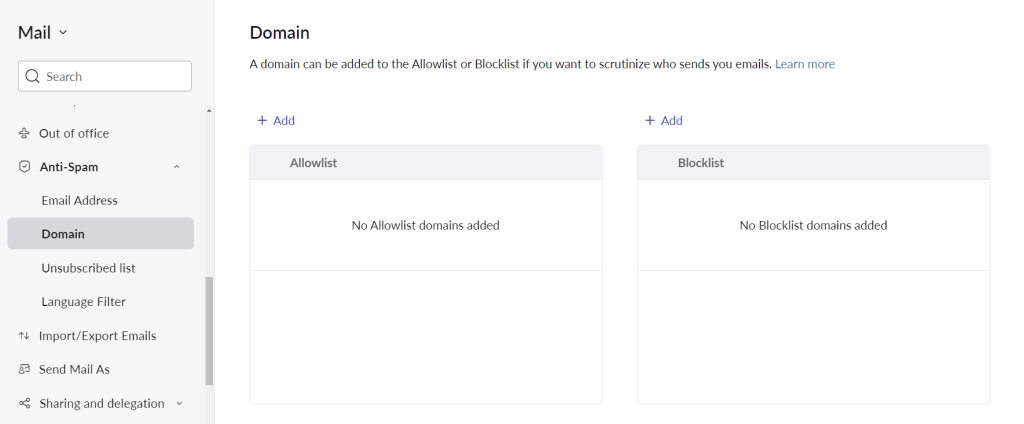 Lista de bloqueio de dom&iacute;nios no Zoho Mail