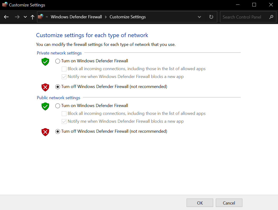 Desativar firewalls em redes privadas e públicas.