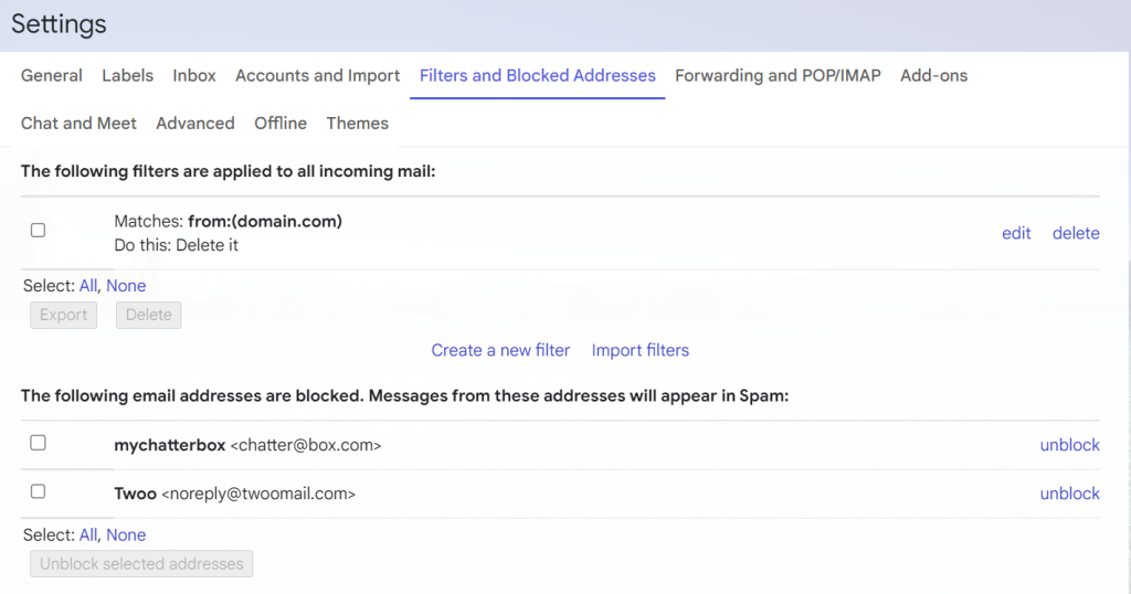 Configura&ccedil;&otilde;es do Gmail, mostrando filtros e endere&ccedil;os bloqueados.