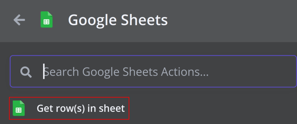 Menu de ações do n8n mostrando as ações do Planilhas Google com 