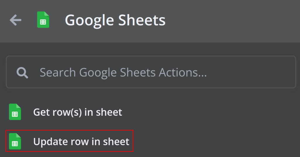 Menu de ações do n8n mostrando as ações do Google Sheets com 