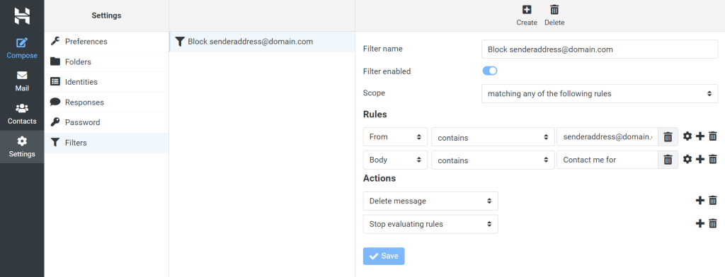 Configura&ccedil;&otilde;es do webmail da Hostinger onde o usu&aacute;rio pode gerenciar seus filtros.