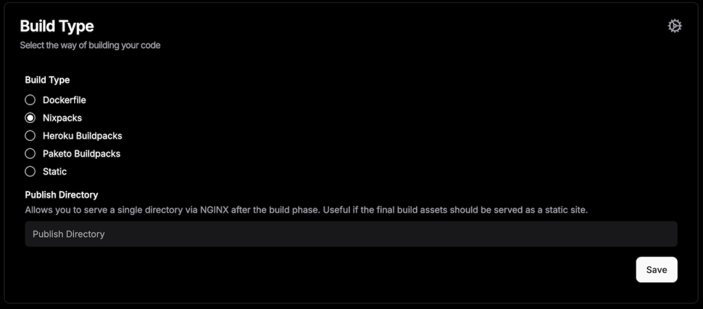 Lista de tipos de compilação do Dokploy no menu de implantação