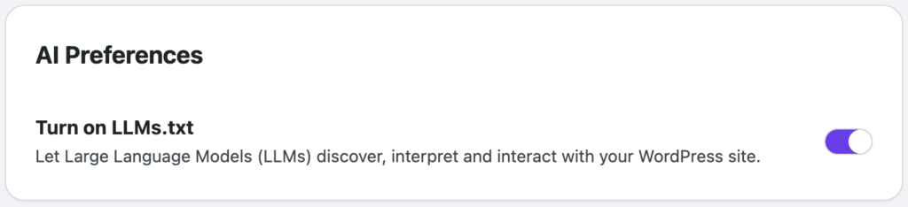 A op&ccedil;&atilde;o para ativar/desativar o gerador de llms.txt no plugin Hostinger.