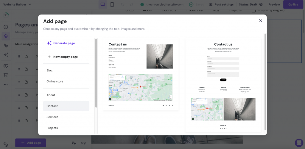Opção de modelo de página de contato do Hostinger Website Builder
