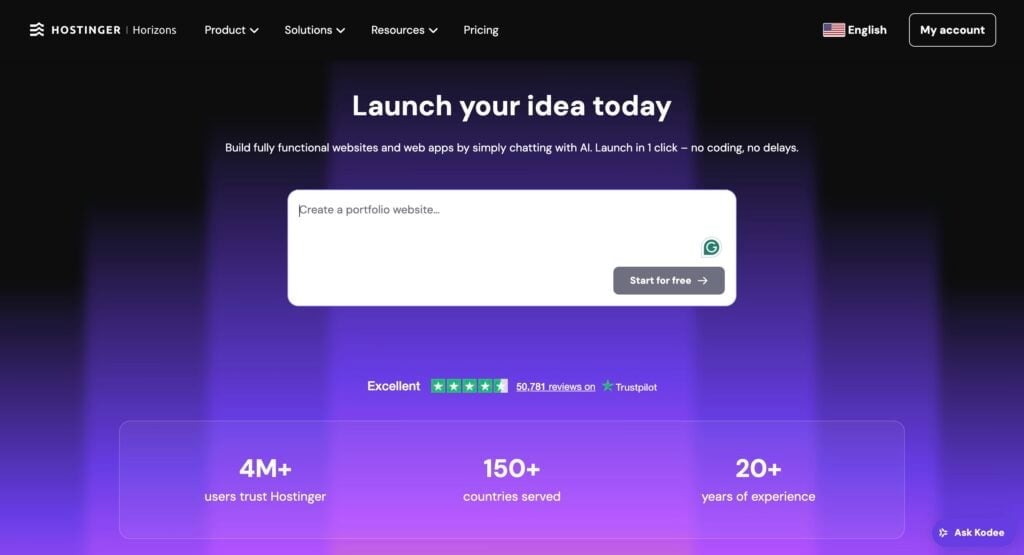 P&aacute;gina inicial do Hostinger Horizons