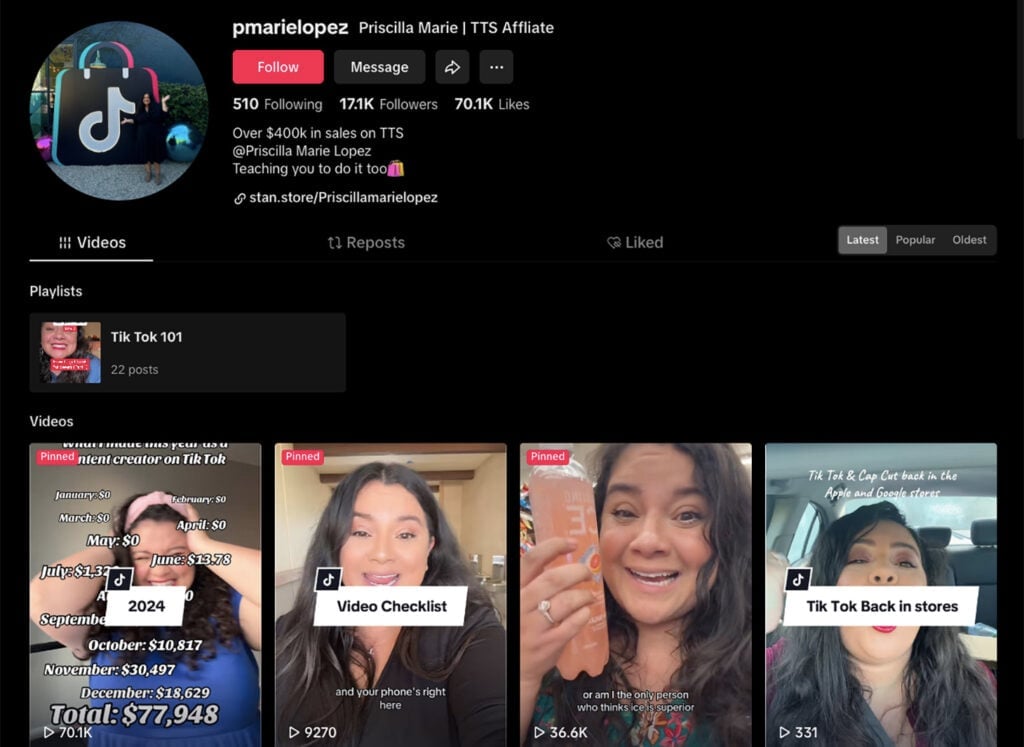 O perfil de Priscilla Lopez no TikTok destaca seus ganhos com programas de afiliados.
